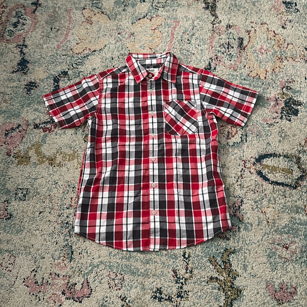 Red Gray And White dress polo with one front left pocket